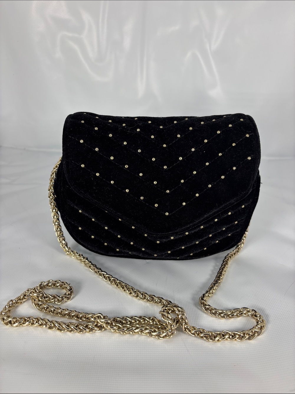 Topshop Black Quilted Velvet Crossbody with Gold Chain Strap
